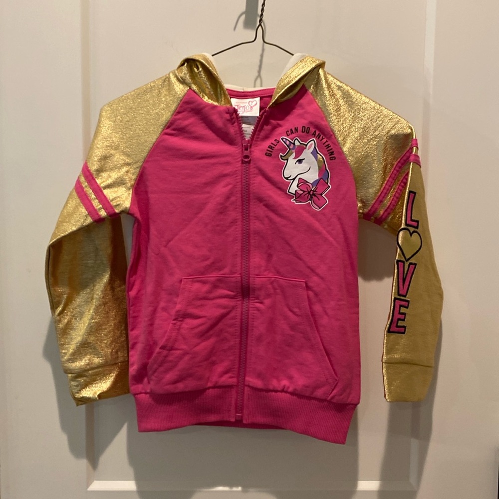 Girlโs Jojo Siwa Full Zip Hooded Full Zip Jacket. Goldโ and Pink.